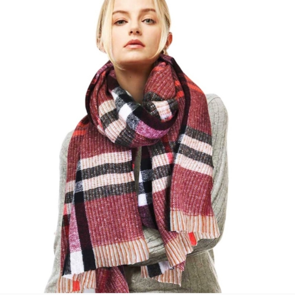 TARTAN PLAID SCARF 24 inches wide and 76 inches long with fringe edges.